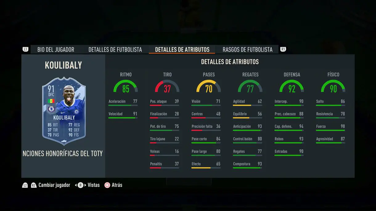 Stats in game Koulibaly Menciones Honoríficas del TOTY FIFA 23 Ultimate Team