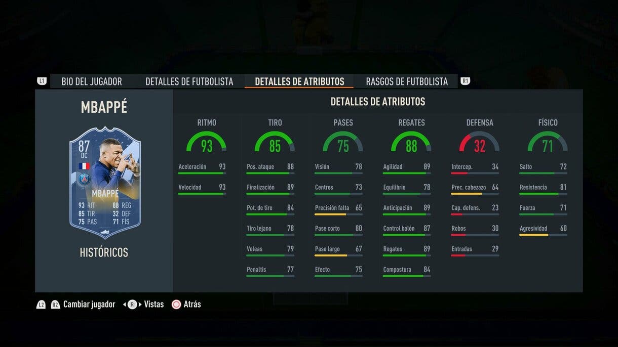 Stats in game Mbappé Históricos 87 FIFA 23 Ultimate Team
