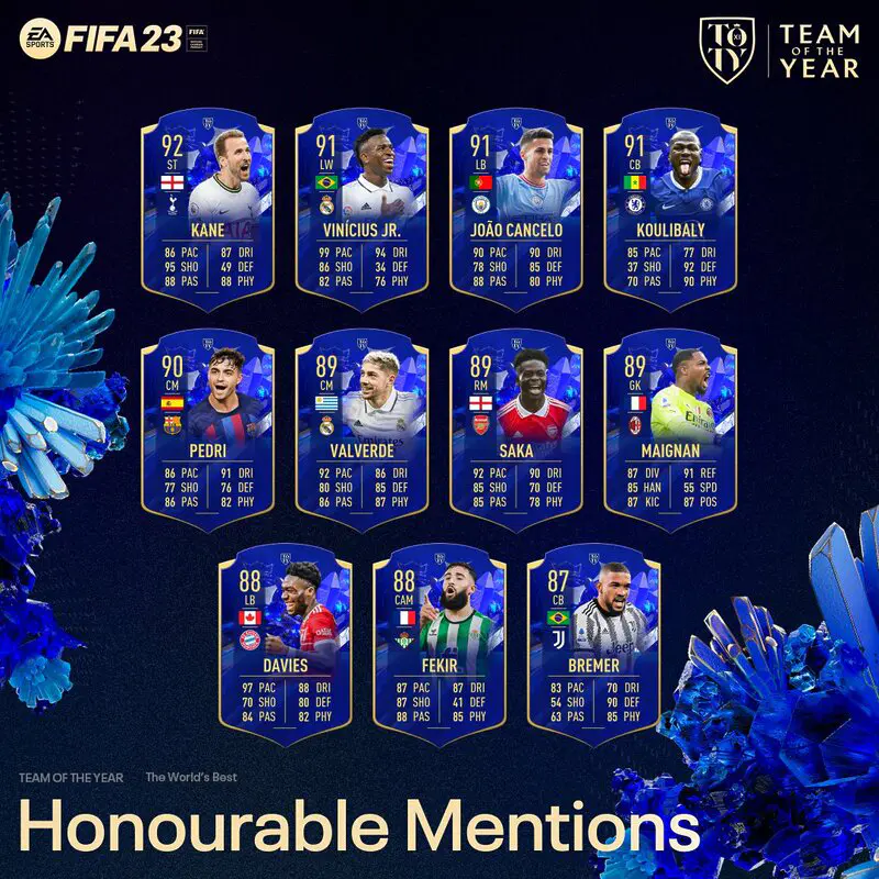 Diseño con todas las cartas Menciones Honoríficas del TOTY transferibles de FIFA 23 Ultimate Team