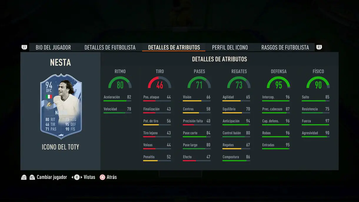 Stats in game Nesta Icono del TOTY FIFA 23 Ultimate Team