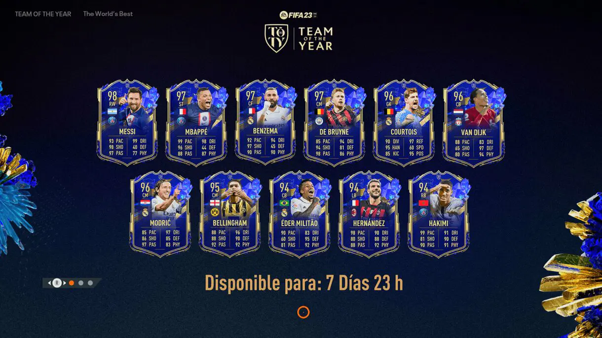 Pantalla de carga FIFA 23 Ultimate Team con los once titulares del TOTY