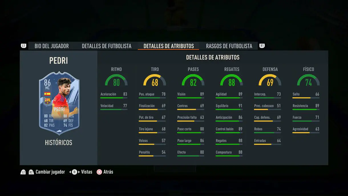 Stats in game Pedri Históricos 86 FIFA 23 Ultimate Team
