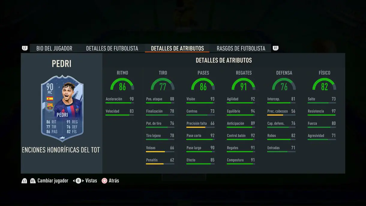 Stats in game Pedri Menciones Honoríficas del TOTY FIFA 23 Ultimate Team