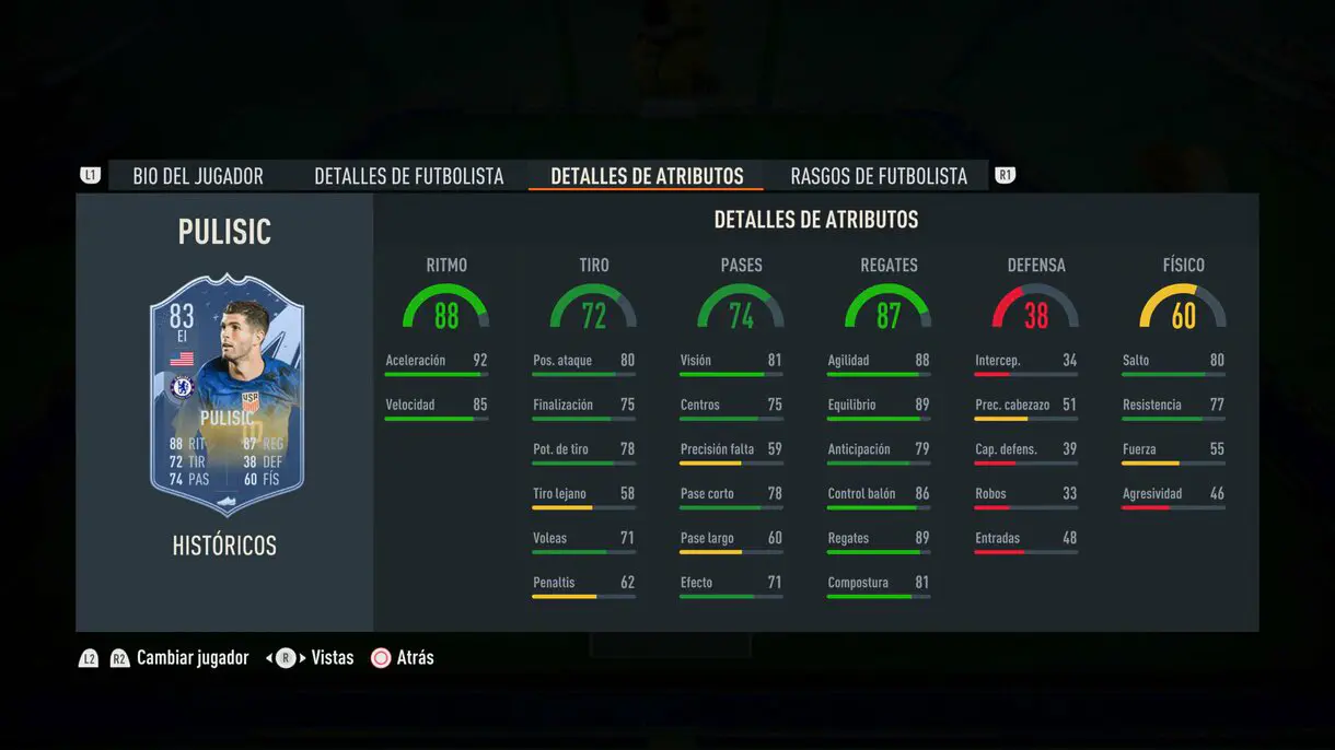 Stats in game Pulisic Históricos 83 FIFA 23 Ultimate Team