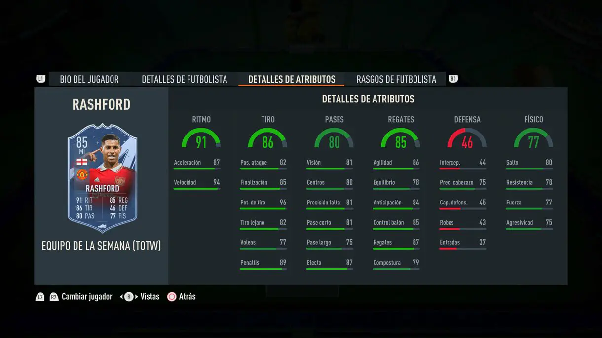 Stats in game Rashford IF FIFA 23 Ultimate Team