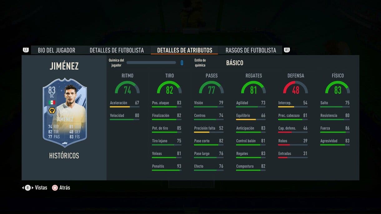 Stats in game Jiménez Históricos 83 FIFA 23 Ultimate Team