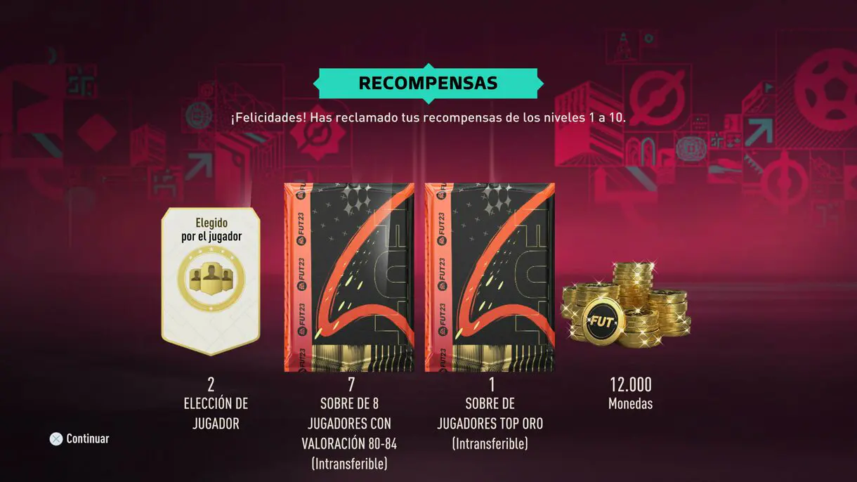 Mensaje con algunas de las recompensas por reunir las cartas del Mundial FIFA 23 Ultimate Team