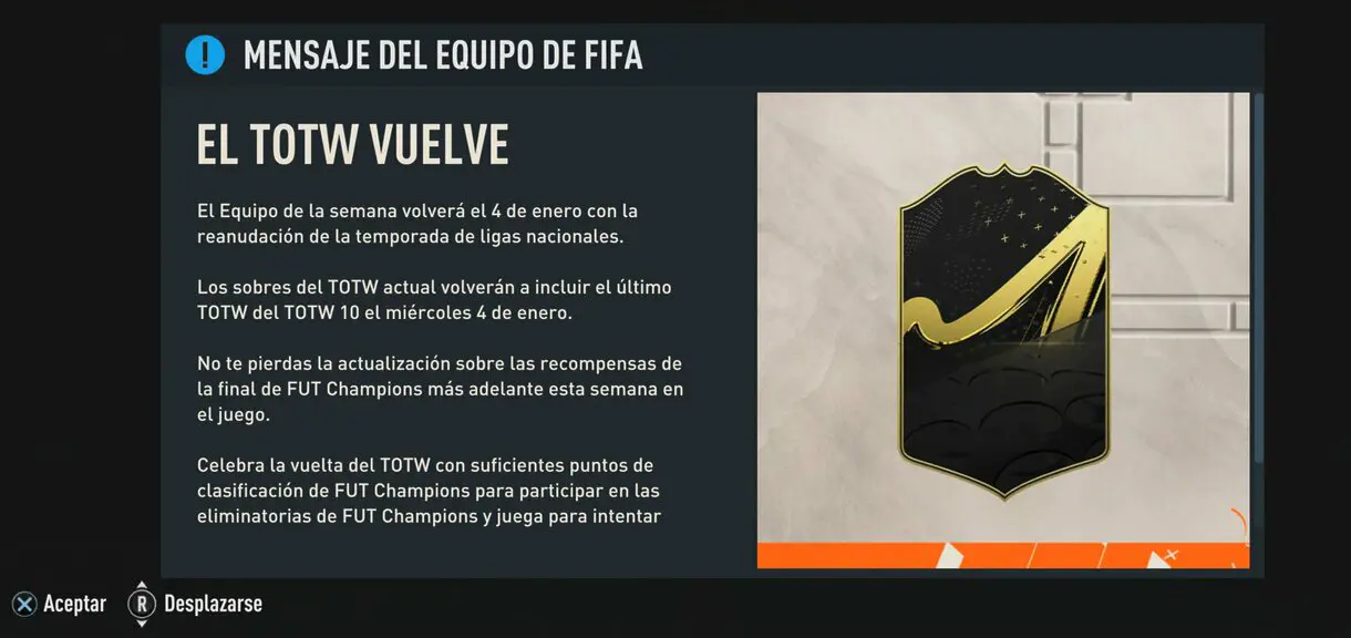 Anuncio sobre el regreso del TOTW a FIFA 23 Ultimate Team. 