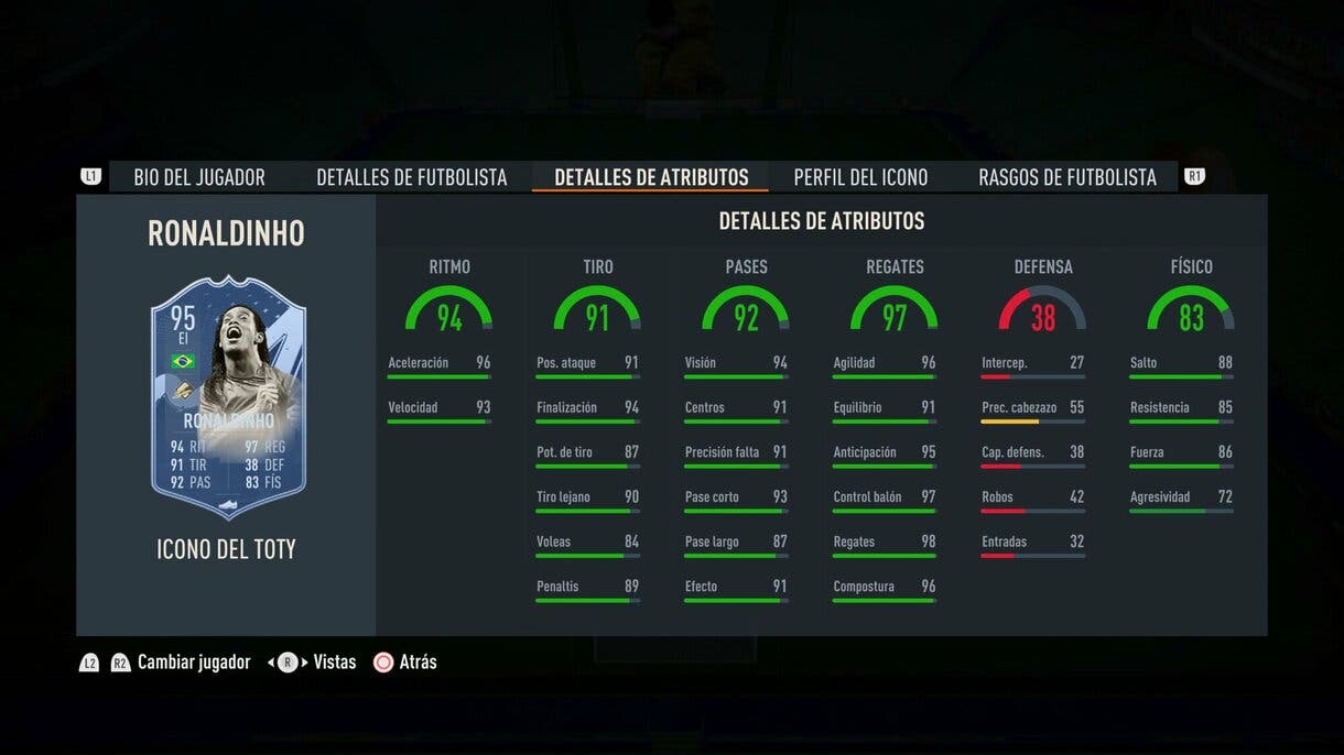 Stats in game Ronaldinho Icono del TOTY FIFA 23 Ultimate Team