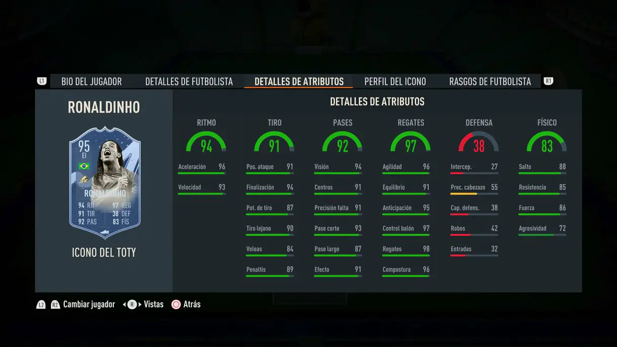 Stats in game Ronaldinho Icono del TOTY FIFA 23 Ultimate Team