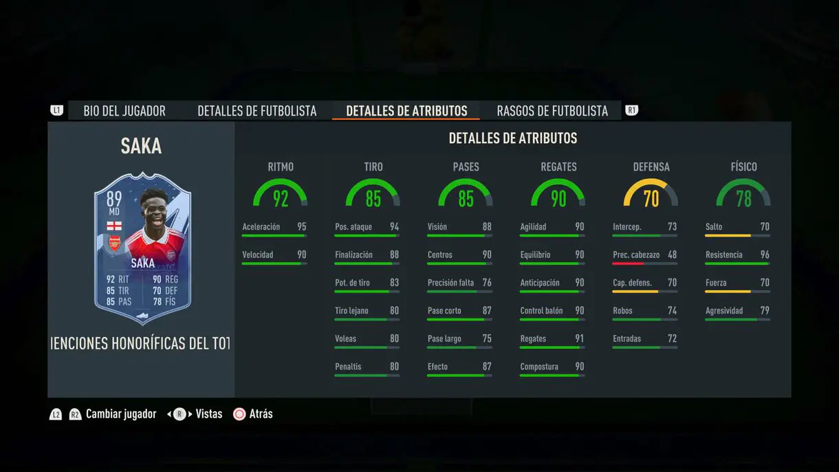 Stats in game Saka Menciones Honoríficas del TOTY FIFA 23 Ultimate Team