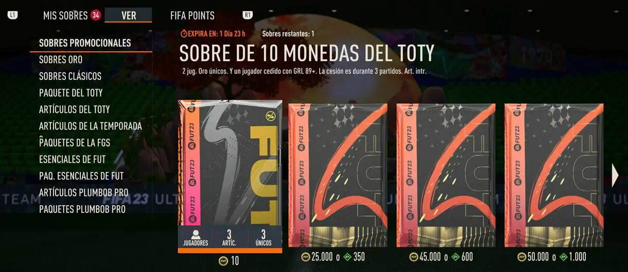 Tienda FIFA 23 Ultimate Team mostrando el sobre de 10 monedas del TOTY