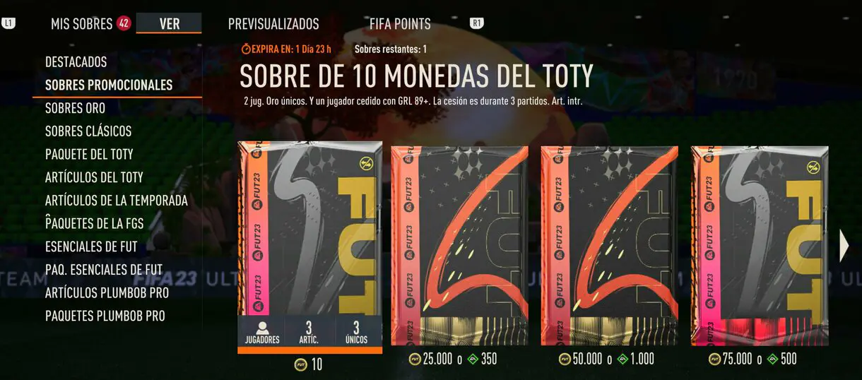 Apartado "Sobres promocionales" de la tienda de FIFA 23 Ultimate Team