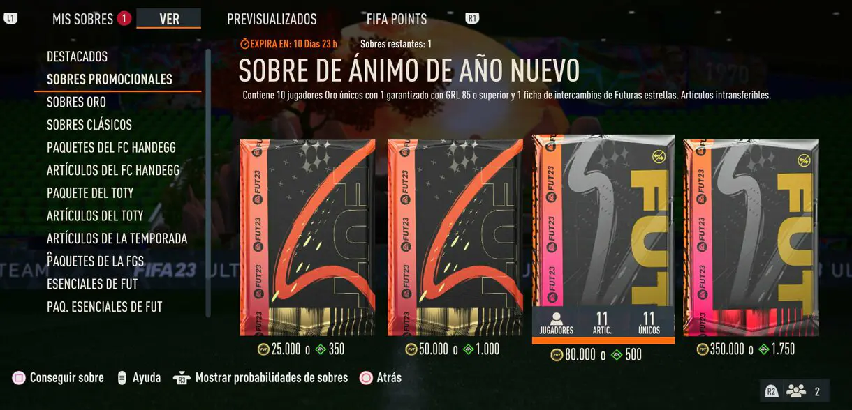 Apartado sobres promocionales desde la tienda de FIFA 23 Ultimate Team