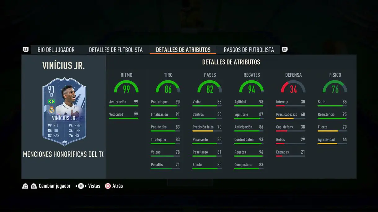 Stats in game Vínicius Júnior Menciones Honoríficas del TOTY FIFA 23 Ultimate Team