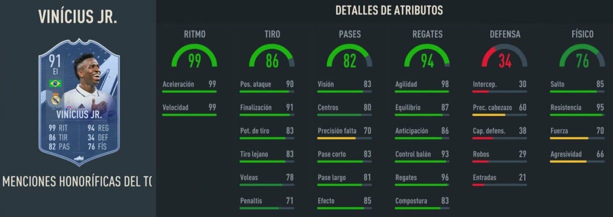 Stats in game Vinícius Júnior Menciones Honoríficas FIFA 23 Ultimate Team