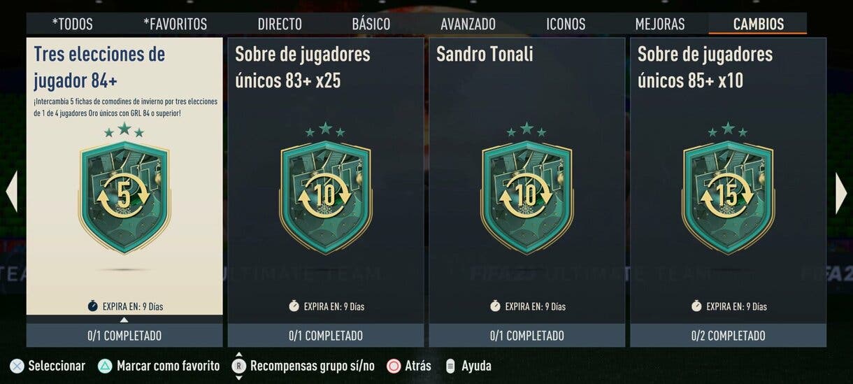 Menú SBC FIFA 23 Ultimate Team mostrando algunas recompensas Winter Wildcards Swaps