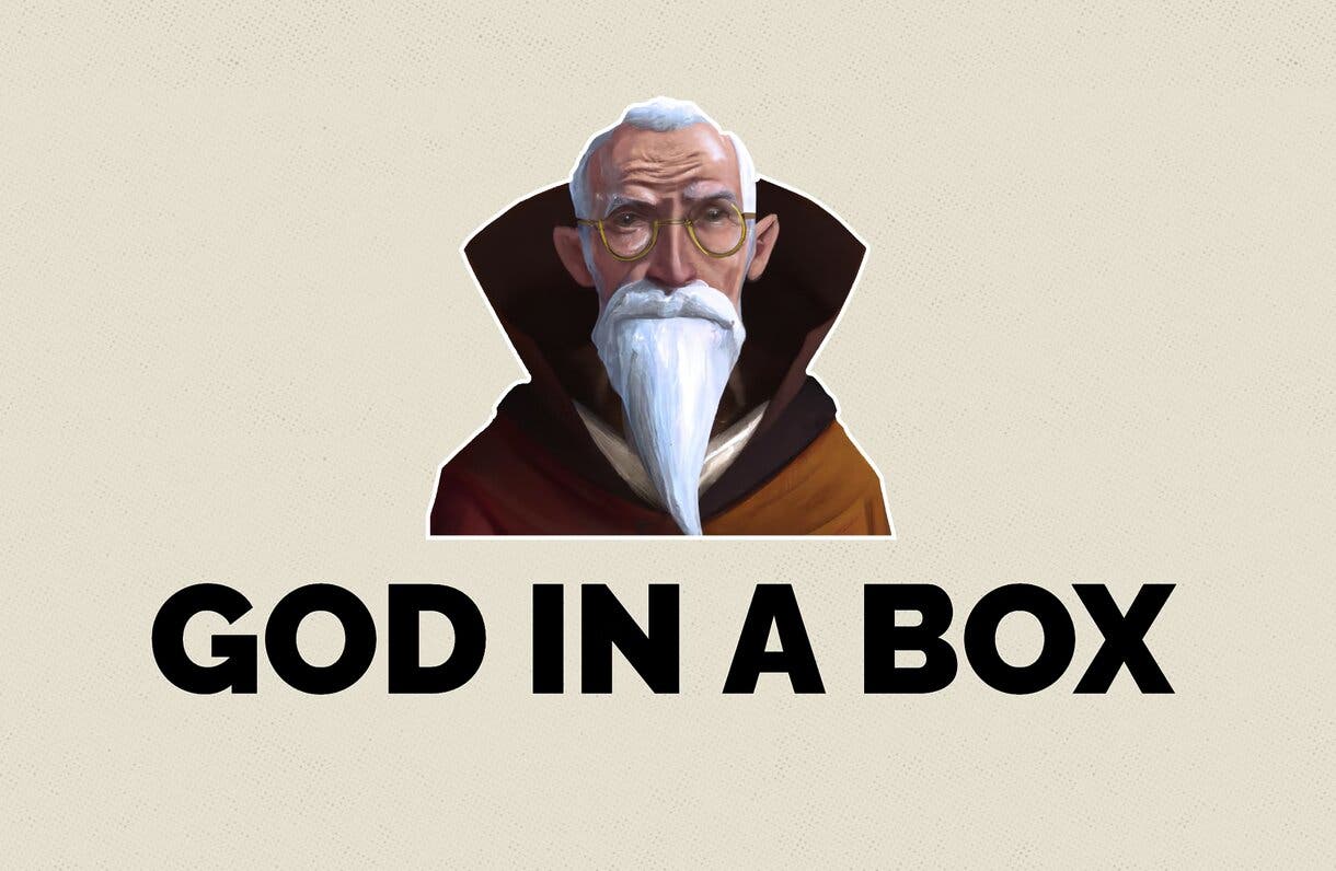 El logo de "God in a Box" una especie de hombre anciano de pelo blanco en túnica