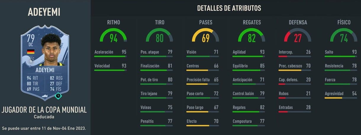 Stats in game Adeyemi Jugador de la Copa Mundial FIFA 23 Ultimate Team