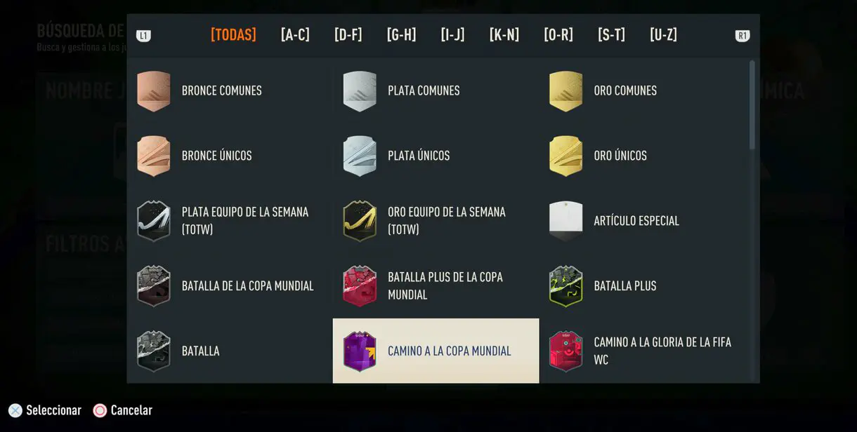 Menú de tipos de cartas mostrando algunas de ellas en FIFA 23 Ultimate Team
