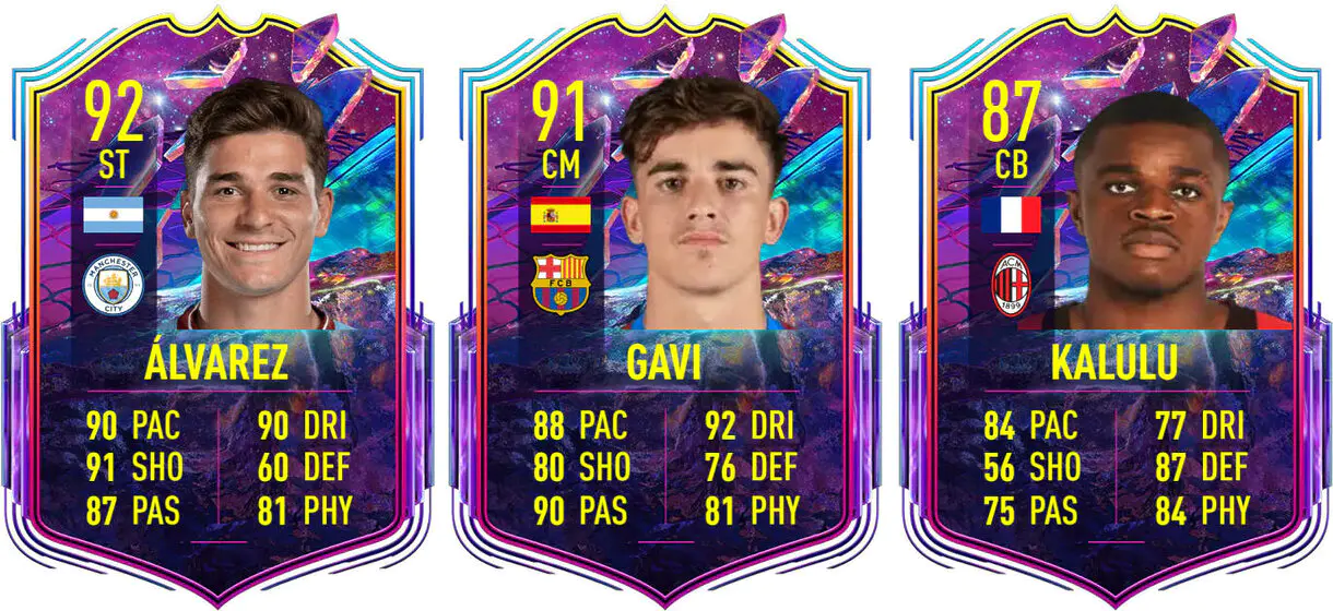 Cartas filtradas Julián Álvarez, Gavi y Kalulu Future Stars para FIFA 23 Ultimate Team pero con el diseño de FIFA 22