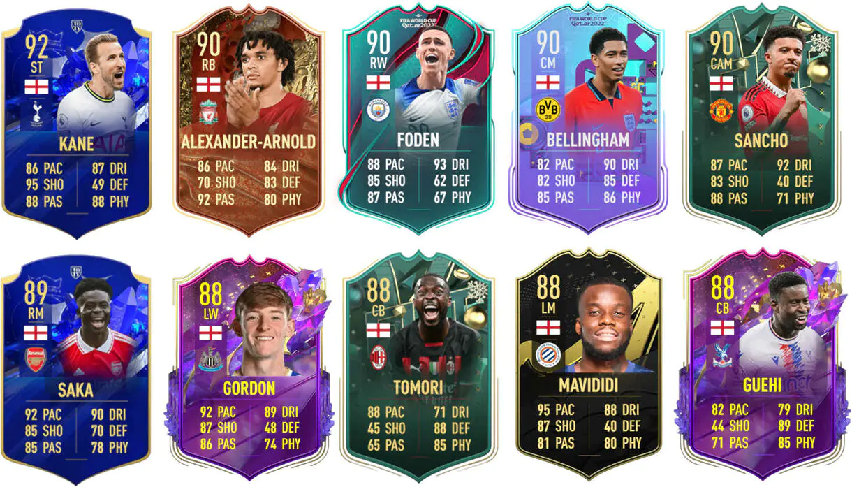 Ejemplos cartas competitivas Inglaterra FIFA 23 Ultimate Team