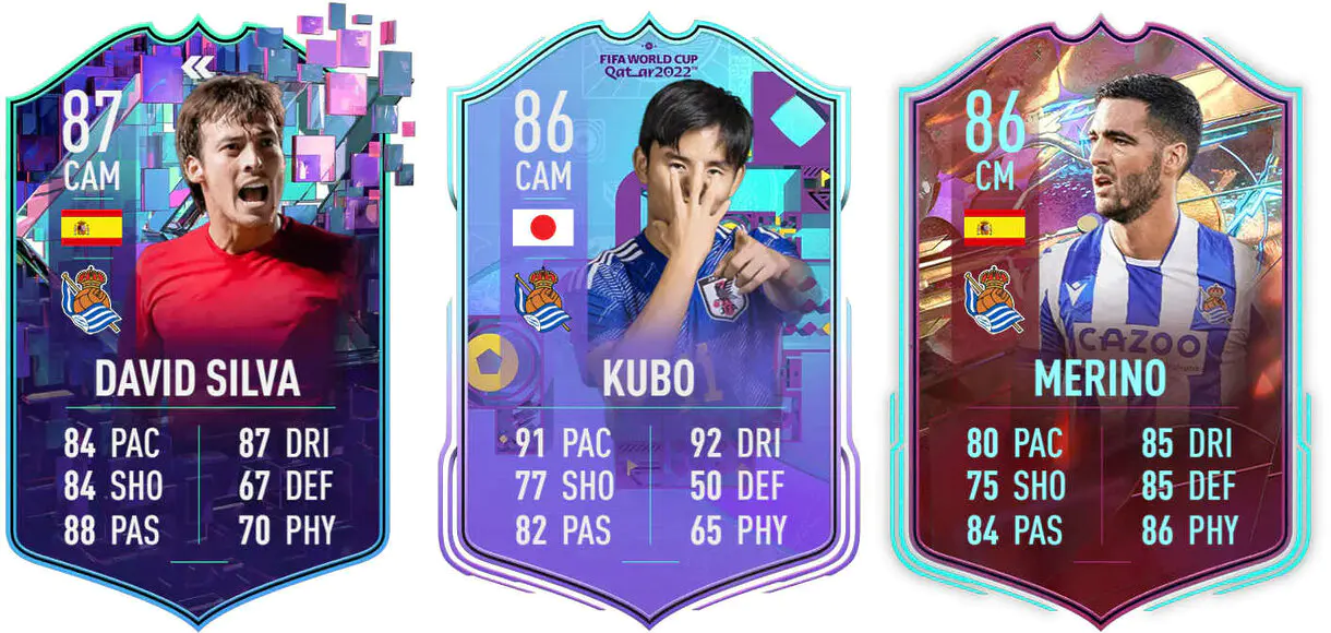 Cartas Silva Flashback, Kubo Fenómenos de la Copa Mundial y Merino Rulebreakers (Real Sociedad) FIFA 23 Ultimate Team