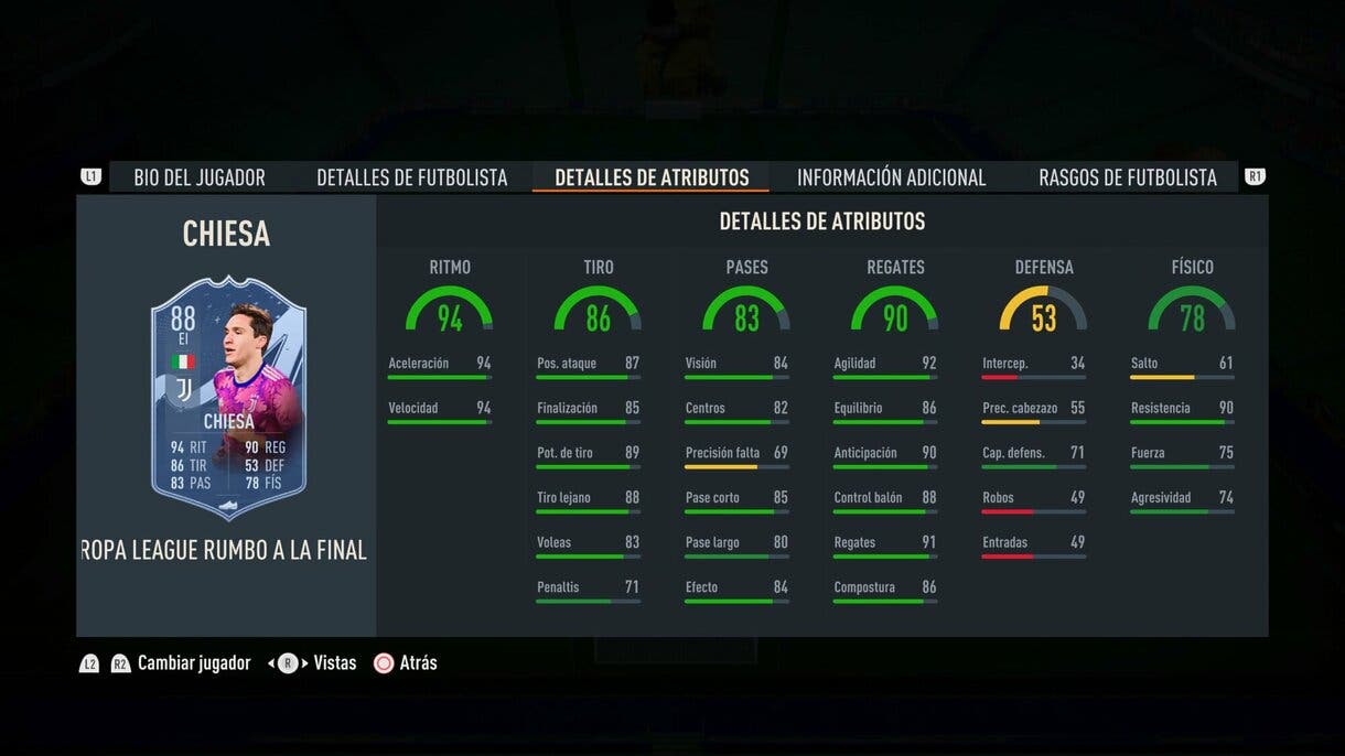 Stats in game Chiesa RTTF FIFA 23 Ultimate Team