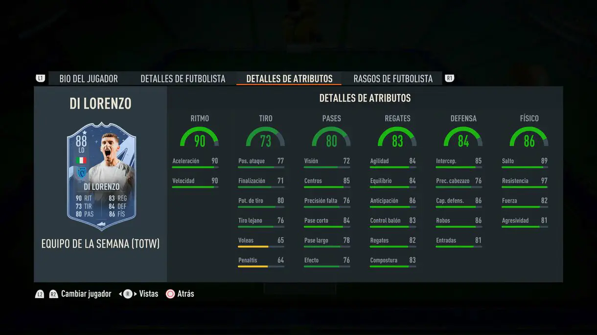 Stats in game Di Lorenzo IF FIFA 23 Ultimate Team