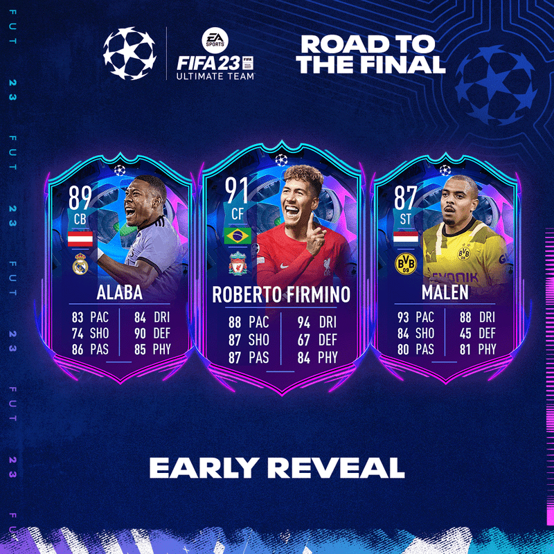 Diseño con las cartas de Alaba, Firmino y Malen RTTF FIFA 23 Ultimate Team