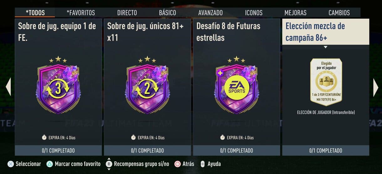 Elección mezcla de campaña 86+ desde el menú general de SBC´s FIFA 23 Ultimate Team