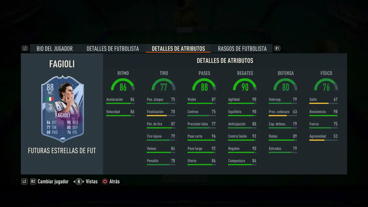 Stats in game Fagioli Future Stars FIFA 23 Ultimate Team