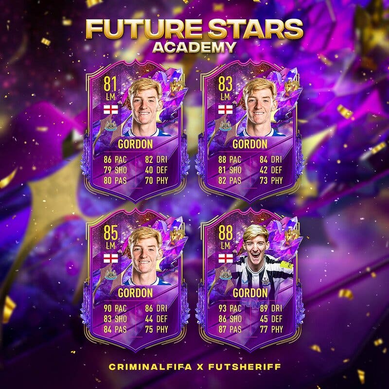 Cuatro cartas de predicción para Gordon como Future Stars con diseño de FIFA 23 Ultimate Team