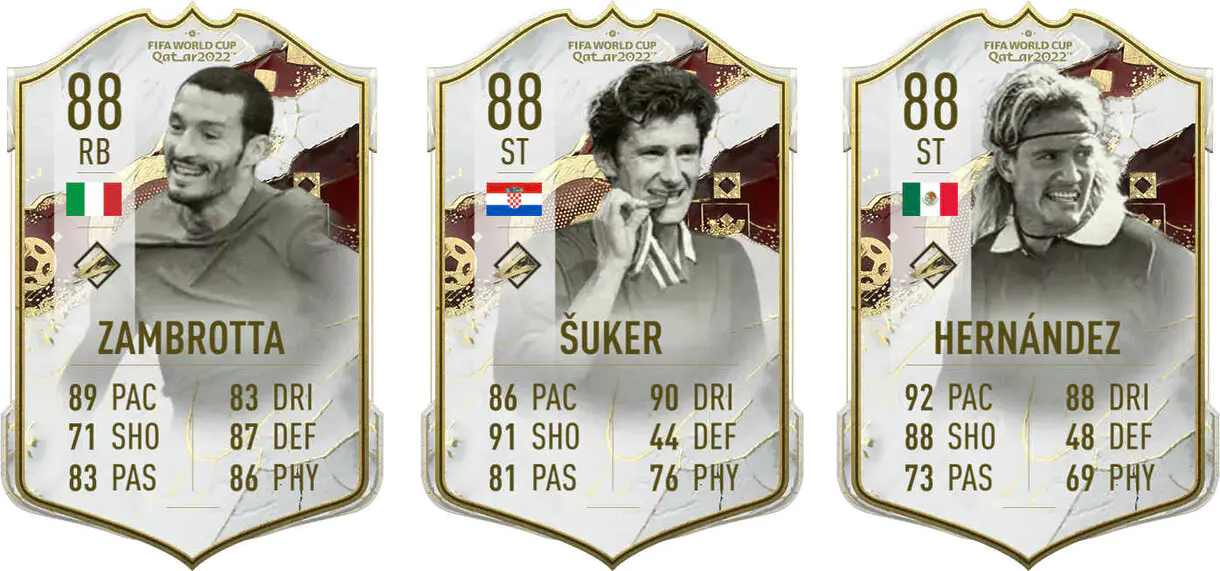 Cartas Icono del Mundial Zambrotta, Suker y Luis Hernández FIFA 23 Ultimate Team