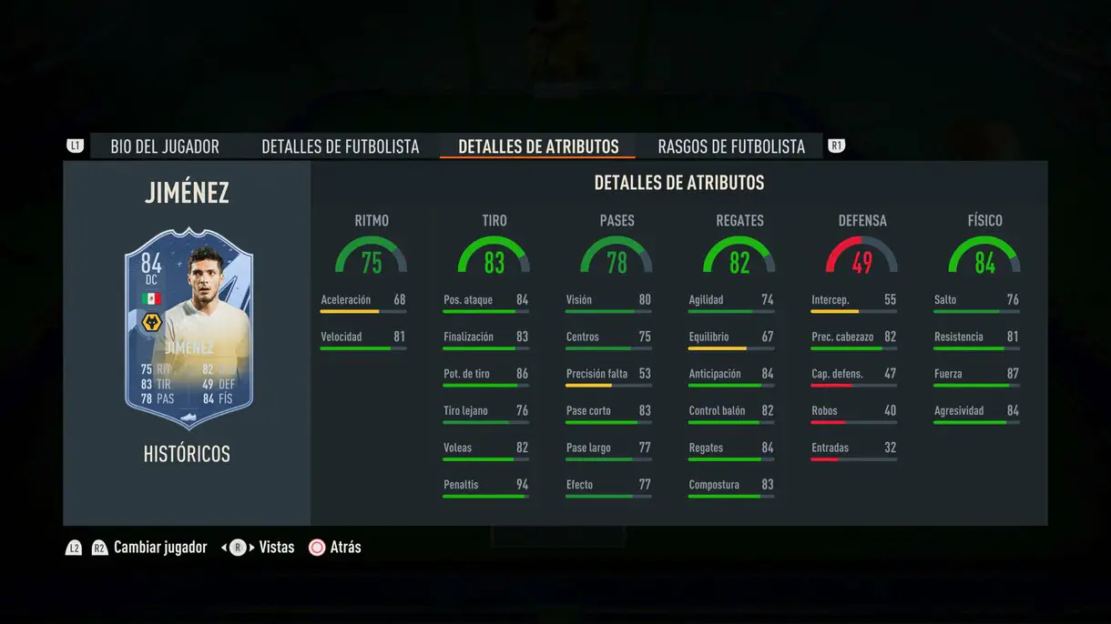 Stats in game Jiménez Históricos 84 FIFA 23 Ultimate Team