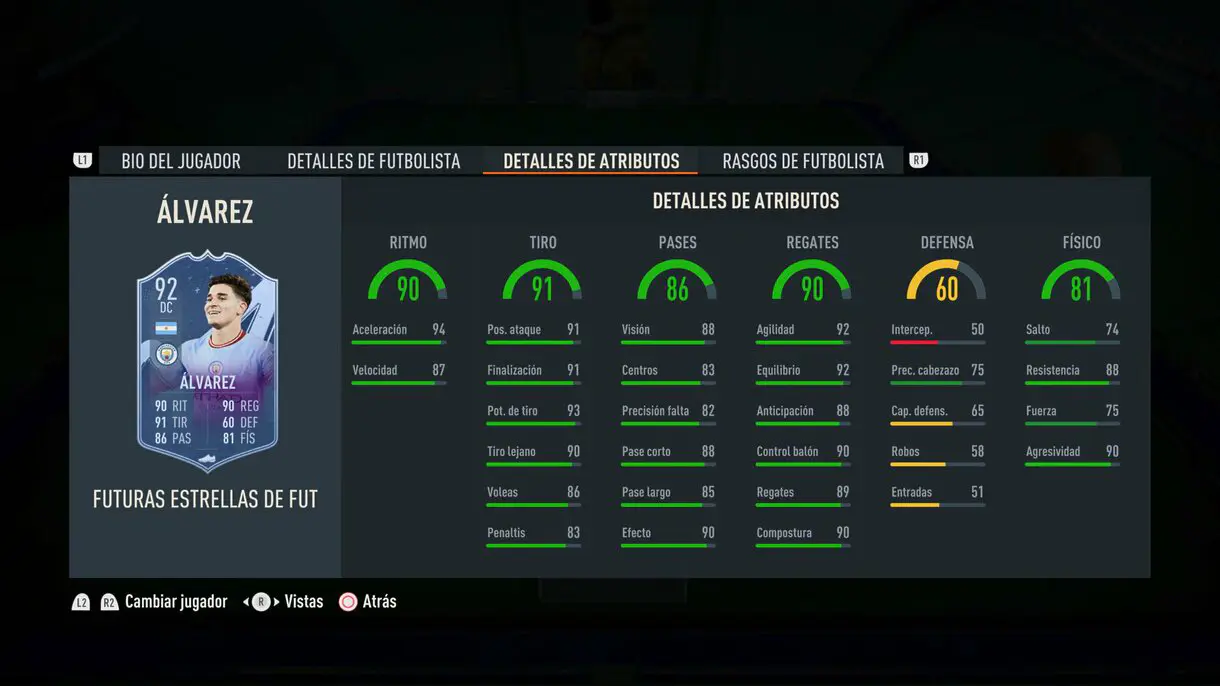 Stats in game Julián Álvarez Future Stars FIFA 23 Ultimate Team