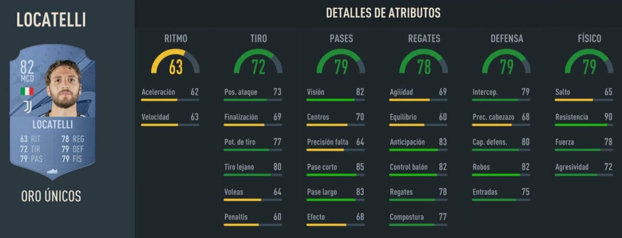 Stats in game Locatelli oro FIFA 23 Ultimate Team