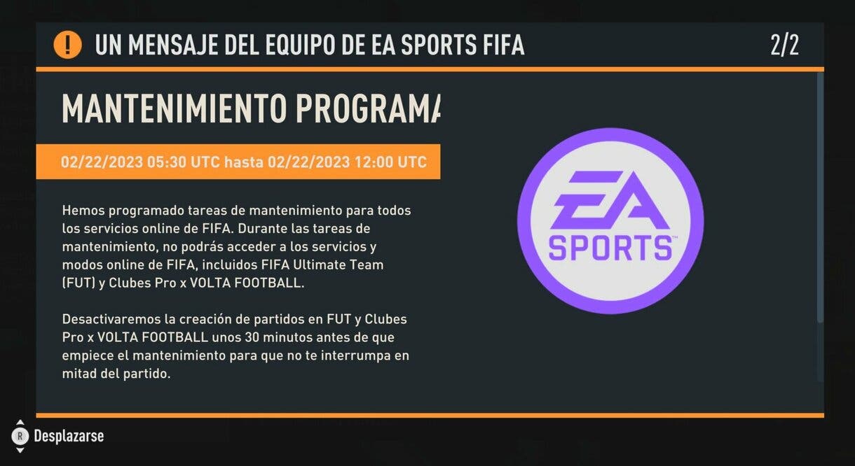 Mensaje del equipo de EA Sports desde FIFA 23 Ultimate Team por el mantenimiento programado 
