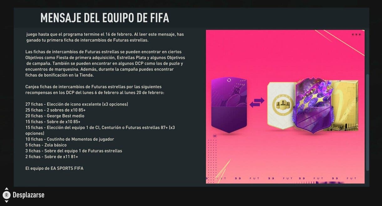 Comunicado desde FIFA 23 Ultimate Team sobre los Future Stars Swaps (parte del listado de recompensas)