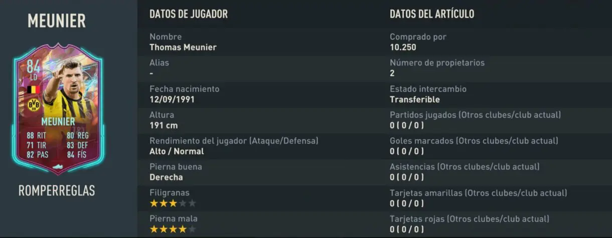 Datos de jugador de Meunier Rulebreakers FIFA 23 Ultimate Team