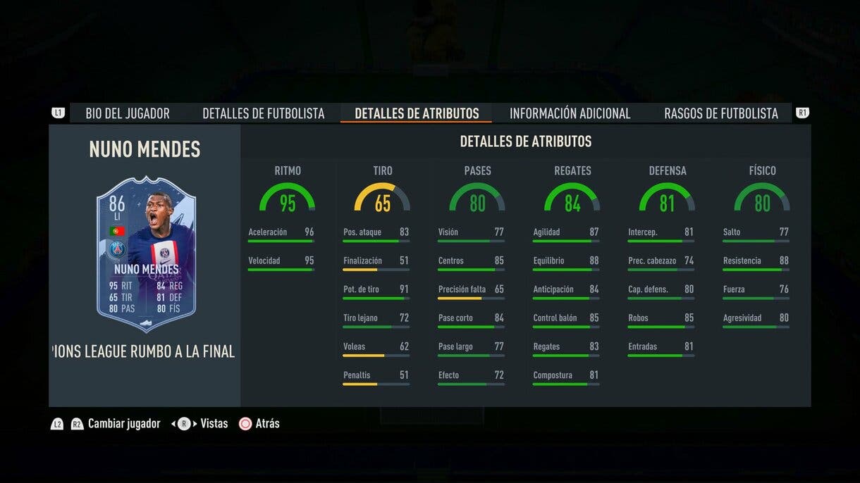 Stats in game Nuno Mendes RTTF FIFA 23 Ultimate Team