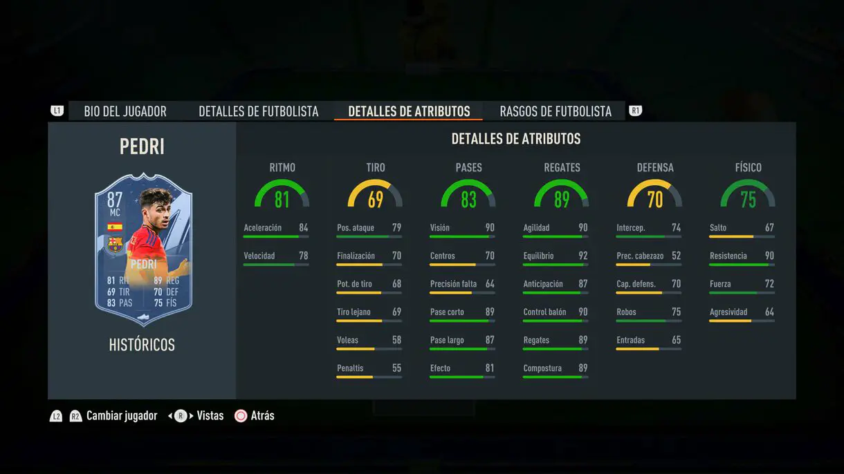 Stats in game Pedri Históricos 87 FIFA 23 Ultimate Team