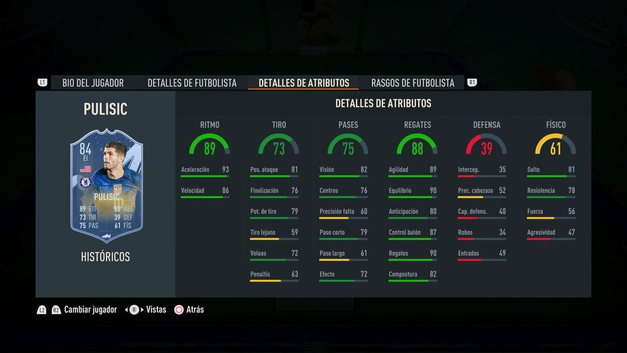 Stats in game Pulisic Históricos 84 FIFA 23 Ultimate Team