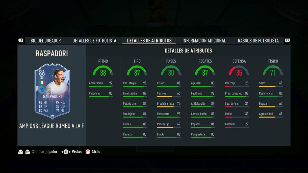 Stats in game Raspadori RTTF FIFA 23 Ultimate Team