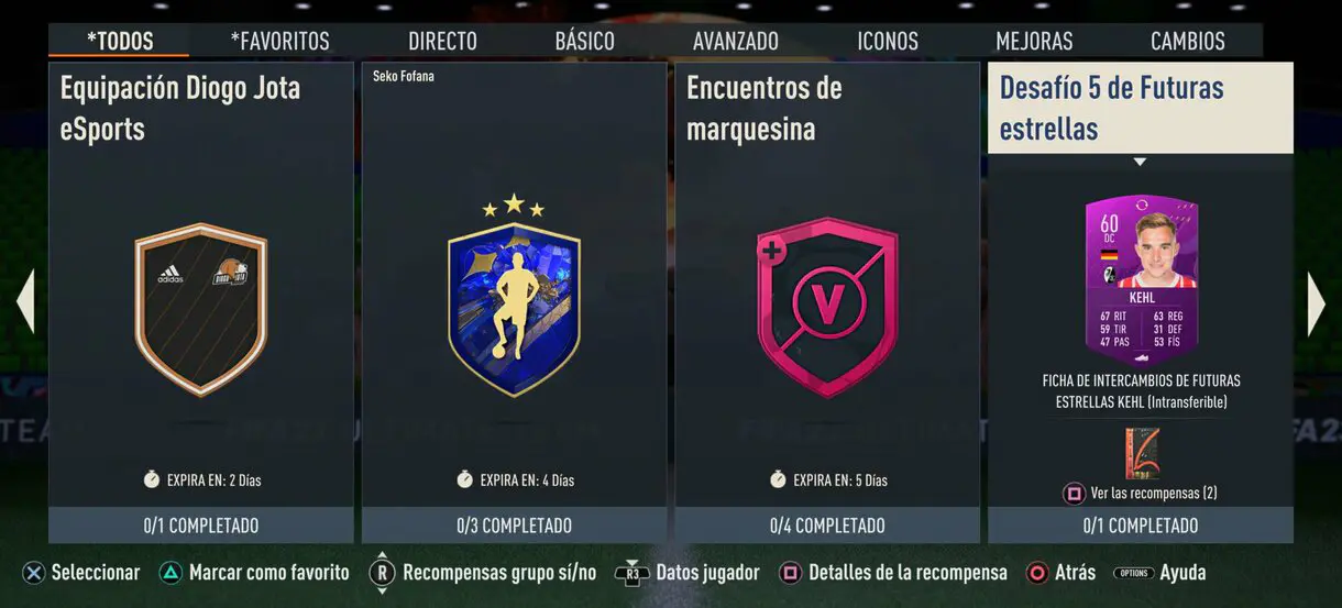 Menú SBC´s FIFA 23 Ultimate Team mostrando "Desafío 5 de Futuras estrellas"