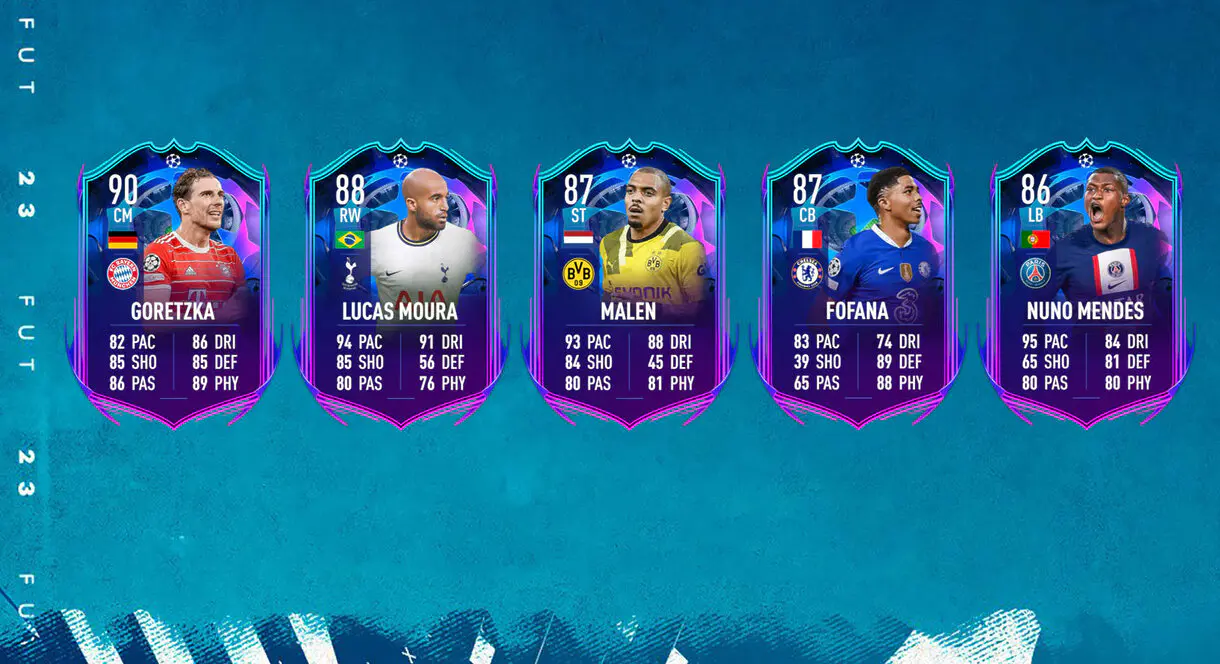Cartas RTTF FIFA 23 Ultimate Team de Goretzka, Moura, Malen, Fofana y Nuno Mendes