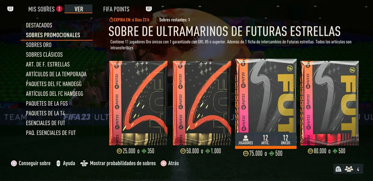 Apartado sobres promocionales desde la tienda de FIFA 23 Ultimate Team