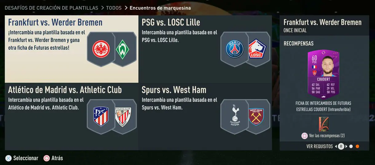 Menú interior del actual SBC Encuentros de marquesina de FIFA 23 Ultimate Team (mostrando el token Future Stars Swaps disponible)