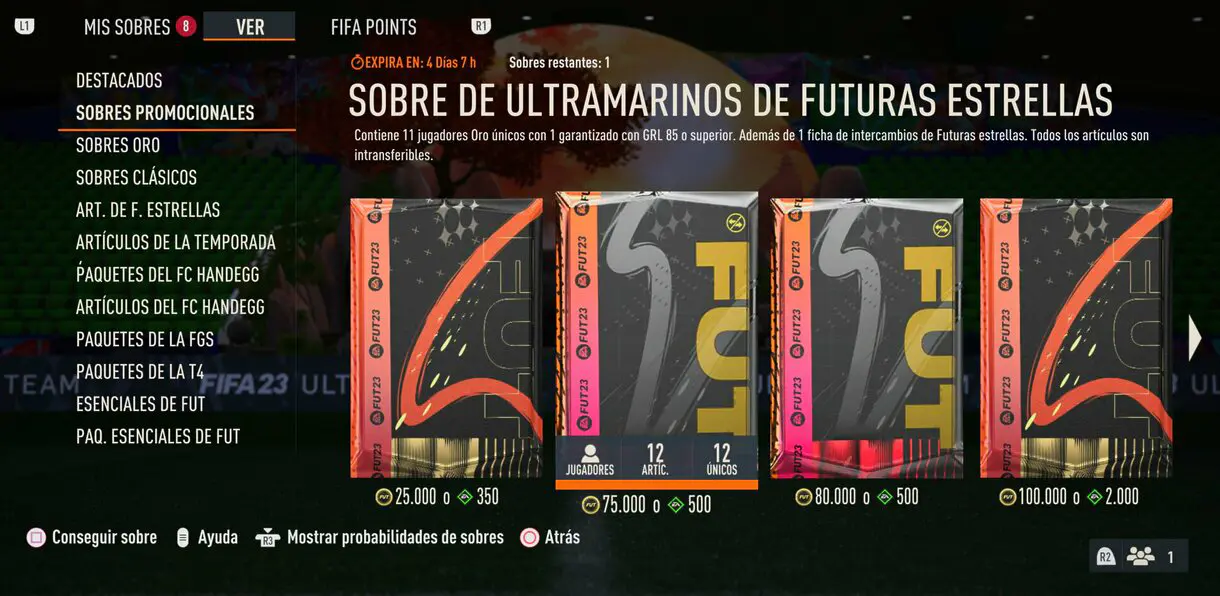 Apartado sobres promocionales desde la tienda de FIFA 23 Ultimate Team