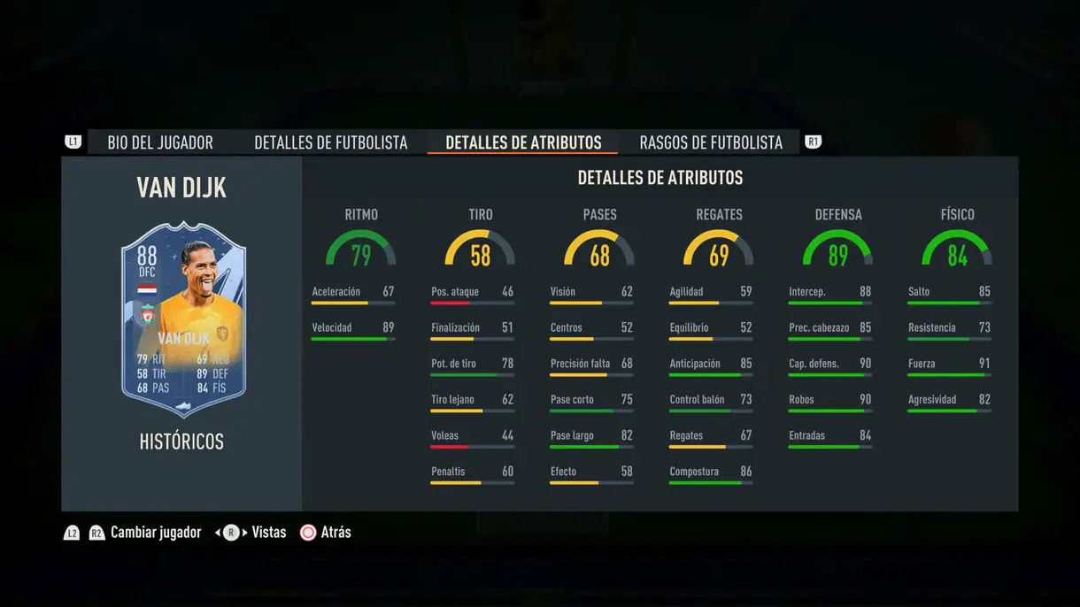 Stats in game Van Dijk Históricos 88 FIFA 23 Ultimate Team